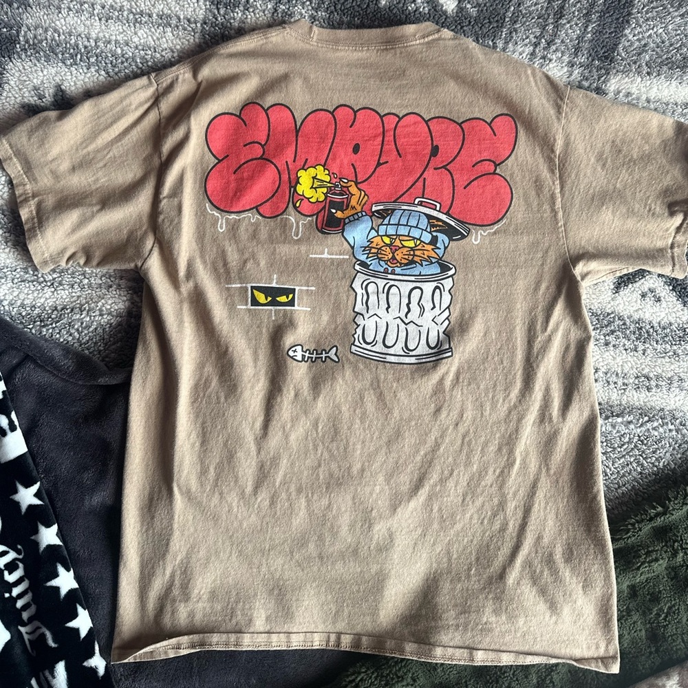 Empyre Tan Tee with Red Graffiti & Trash Can Cat Graphic